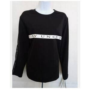 KAY UNGER WOMENS MEDIUM BLACK MESH SLEEVE LONG SLEEVE TSHIRT NWT